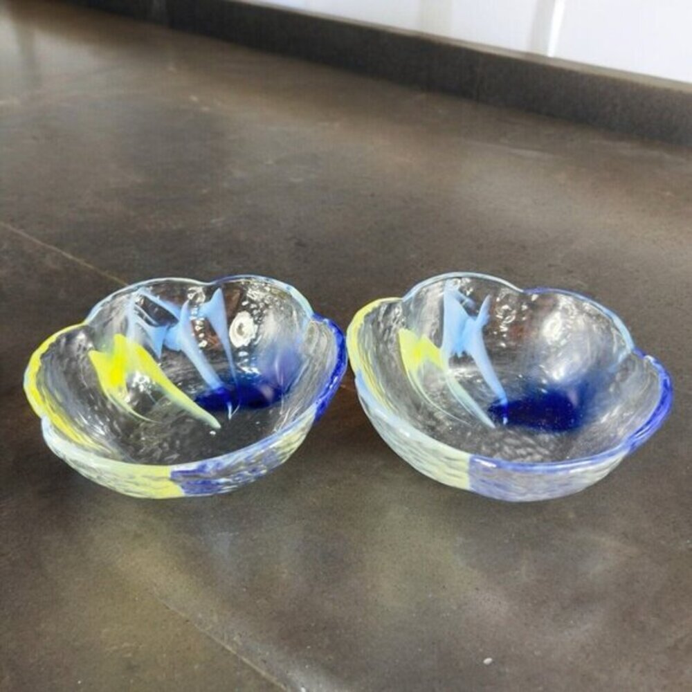 Vintage Aderia‎ Glass Bowl Set 2 Made In Japan Clear Blue Yellow Swirls Ruffled